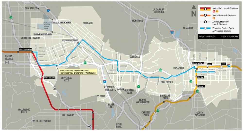 Map of the Proposed Project for the North Hollywood to Pasadena Bus Rapid Transit Corridor Project.